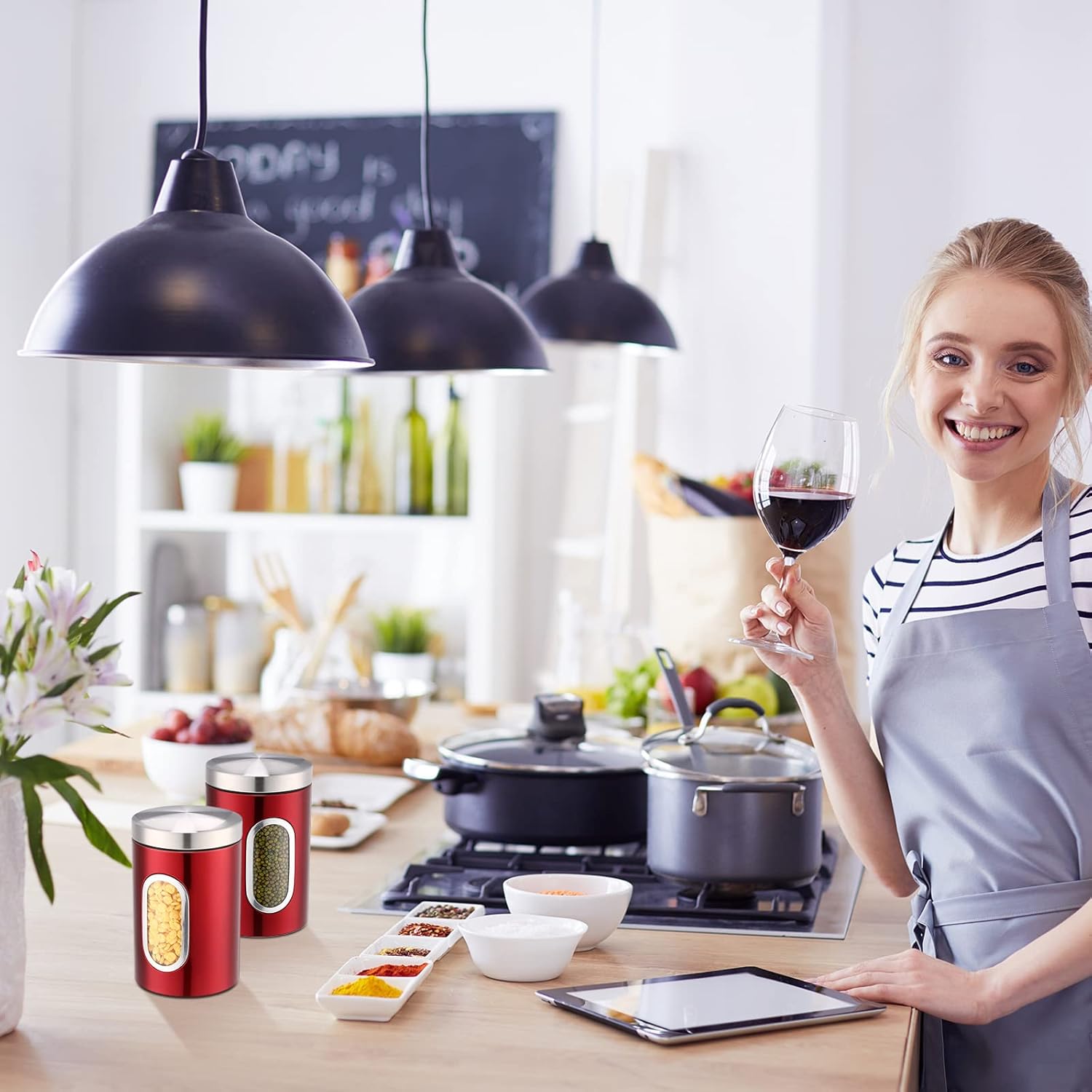 Zopeal 6 Pack Red Canisters Sets For Kitchen 50oz Stainless Steel Red Kitchen Canisters with Transparent Windows Flour Sugar Container Metal Jar Countertop Set for Coffee Tea Decorative - Image 5