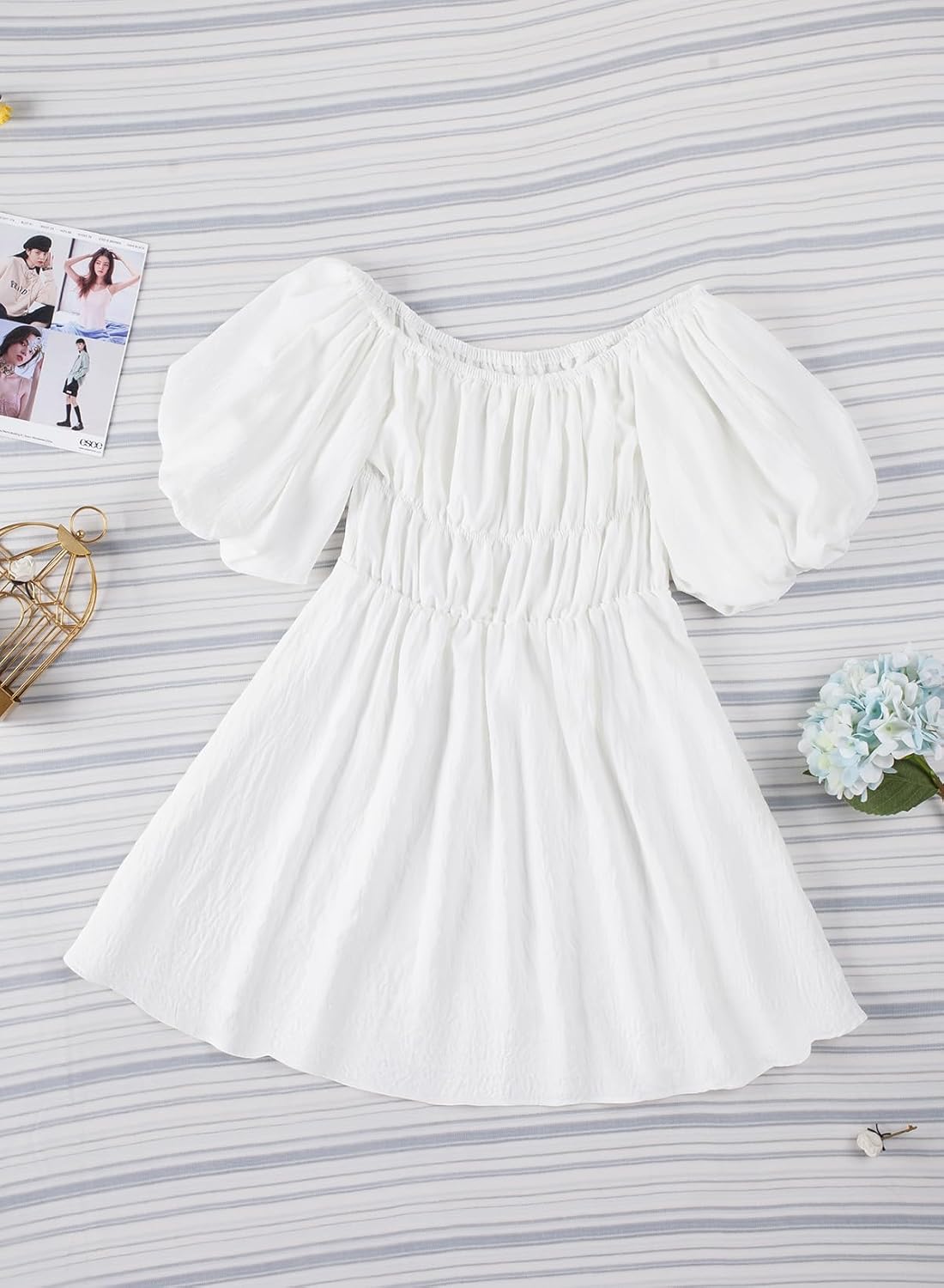 Dokotoo Womens Off The Shoulder Summer Dresses 2026 Short Lantern Sleeve Ruffle Elastic Waist A-Line Casual Mini Dress - Image 2