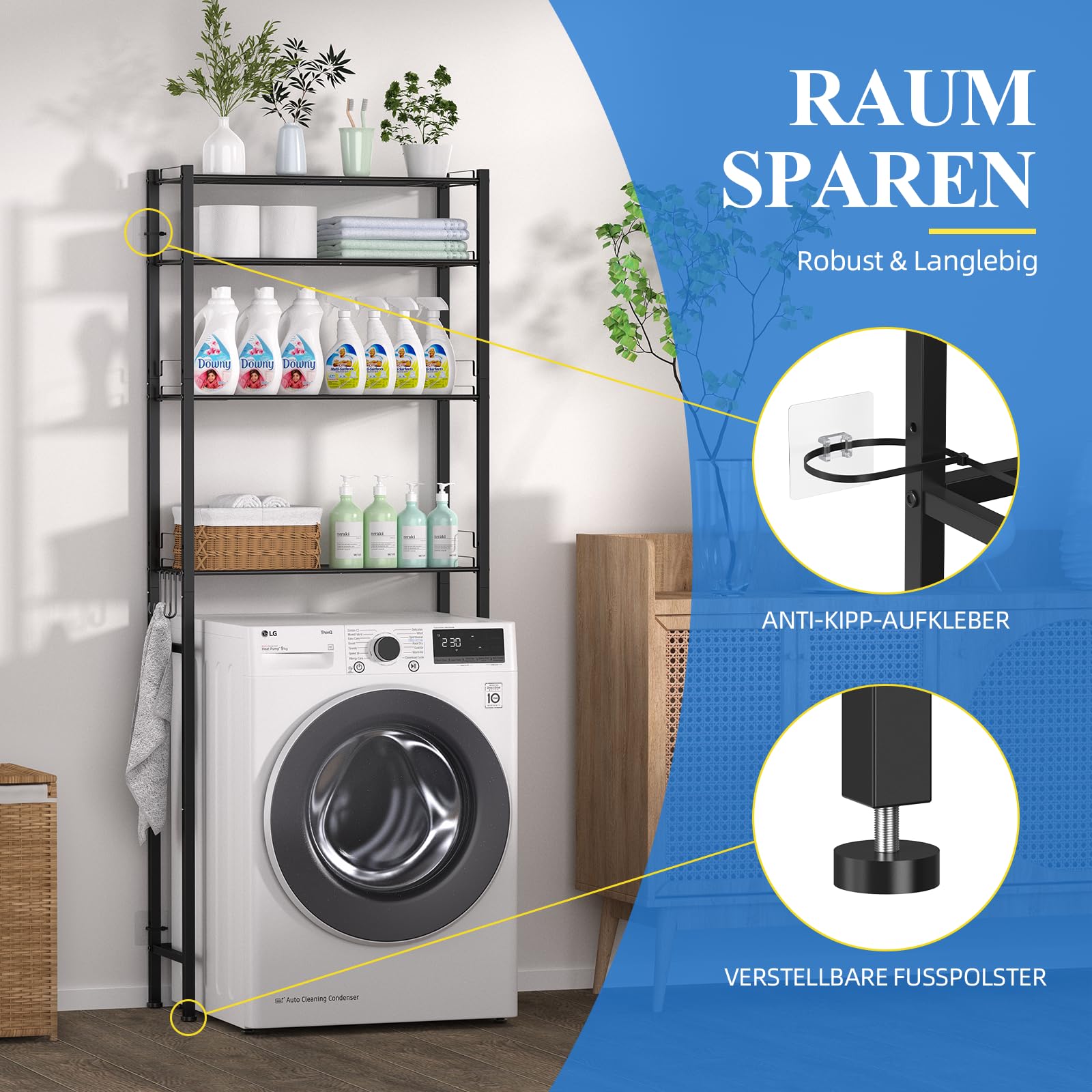 OUTWOLF Waschmaschinenregal Waschmaschinenschrank Überbauschrank ohne Bohren 4 Ebenen Badezimmerregal, Hochkohlenstoffstahl Toilettenregal, Platzsparender Badezimmerträger, Schwarz