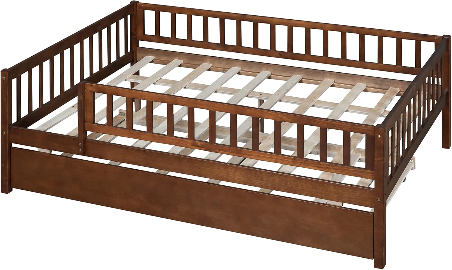 P PURLOVE Full Daybed with Trundle, Wood Daybed Frame with Fence Guardrails for Boys, Girls and Young Teens, No Box Spring Needed (Walnut)