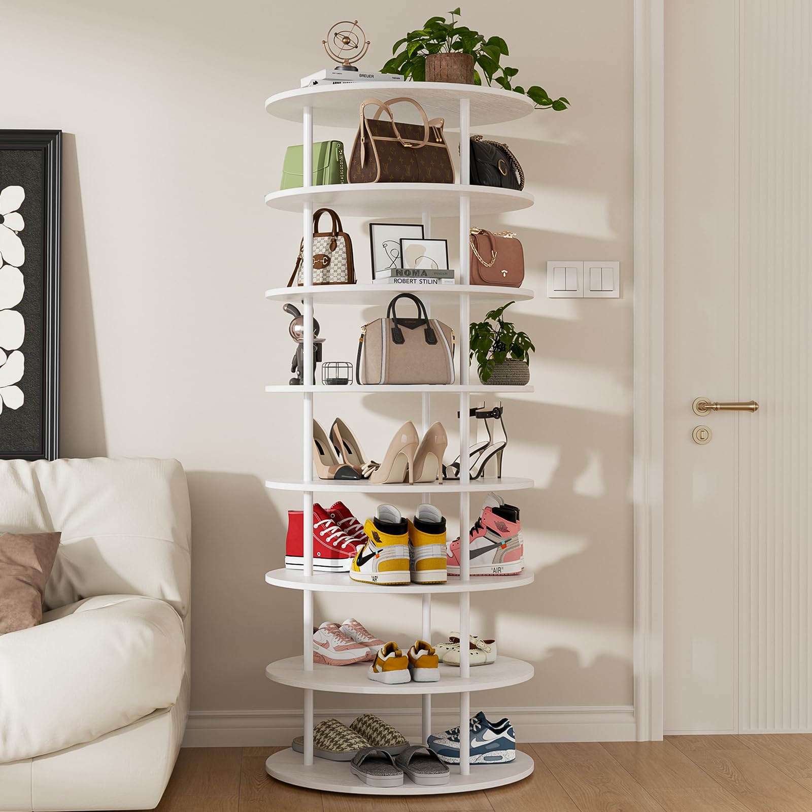 Scarpiere Rotante a 360°, Scaffale Scarpe a 7 Livelli per Mostrare Scarpe e Borse, Risparmio di Spazio, Ideale per Soggiorno e Camera da Letto, Portaoggetti, Bianco