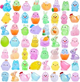 60Pcs Easter Luminous Mini Resin Figurines Miniature Figurines Tiny Small Easter Glow in The Dark Little Bunnies Chicken for Dollhouse Eggs Fillers Landscape Micro Garden Decoration Party Favors