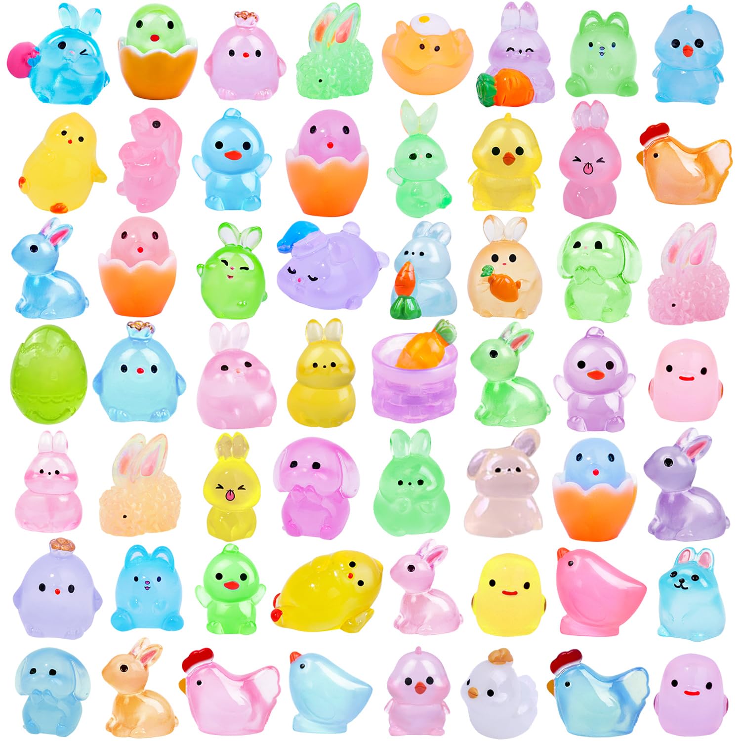 60Pcs Easter Luminous Mini Resin Figurines Miniature Figurines Tiny Small Easter Glow in The Dark Little Bunnies Chicken for Dollhouse Eggs Fillers Landscape Micro Garden Decoration Party Favors