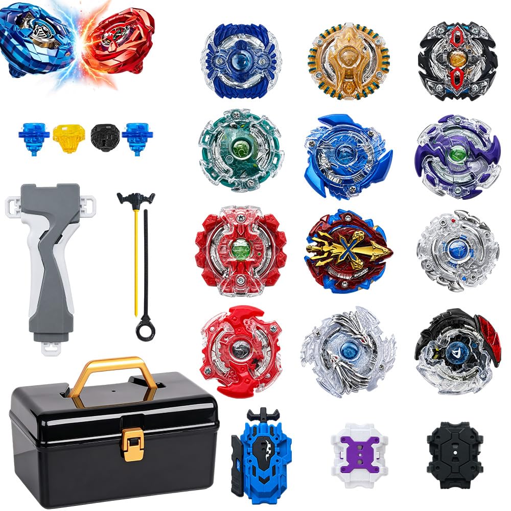 Weciau Spinning Top Set, 12pcs X Battling Top Toy Set, with 3 Launchers, 1 Grip & Portable Storage Case, Metal Fusion Gyro Game, Gift for Kids Children Birthday Party