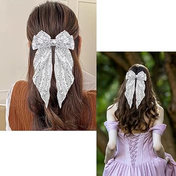 Kefley Silver Sequin Bow Hair Ribbon Clips for Women - Glittering Bows - Disco Sparkling Hair Bow Clips - Headwear for Party Ball - Bow Hair Accessories