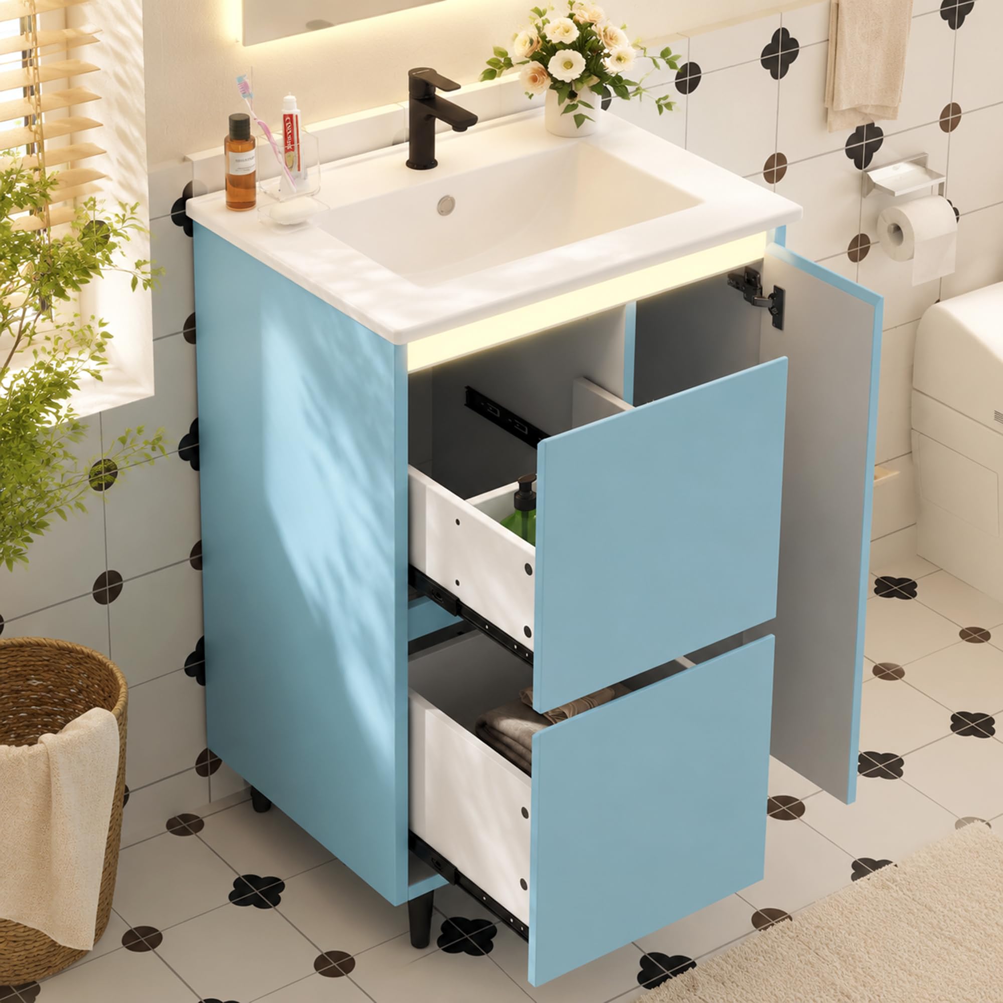 Tocador de baño independiente, 61 x 46,5 x 87 cm, lavabo de cerámica integrado, superficie completamente lacada, dos cajones, diseño de pie alto, color azul