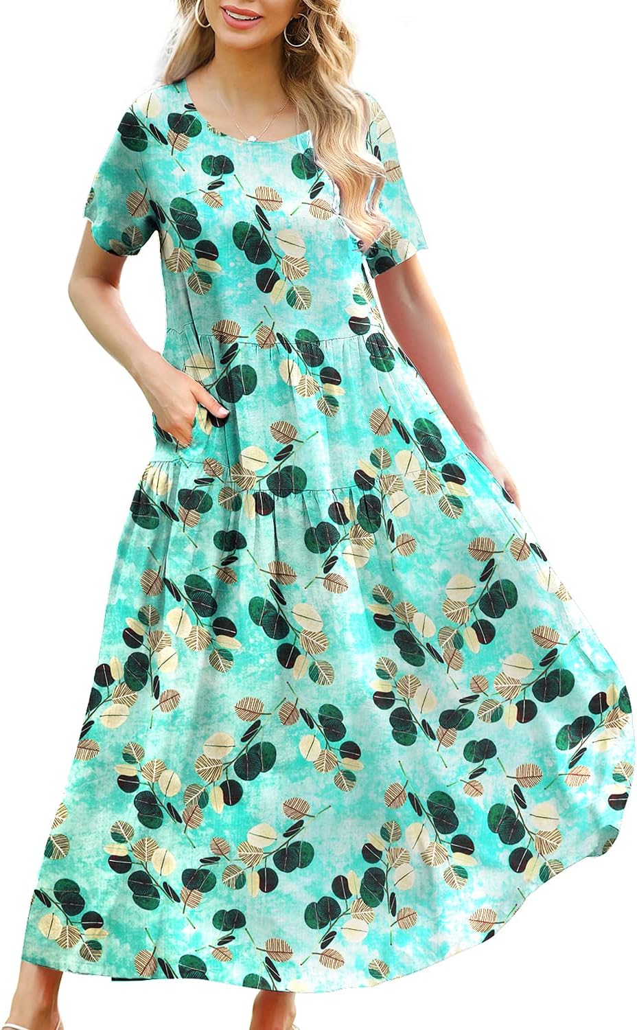 YESNOWomen Casual Loose Bohemian Floral Dress with Pockets Short Sleeve Long Maxi Summer Beach Swing Dress EJF