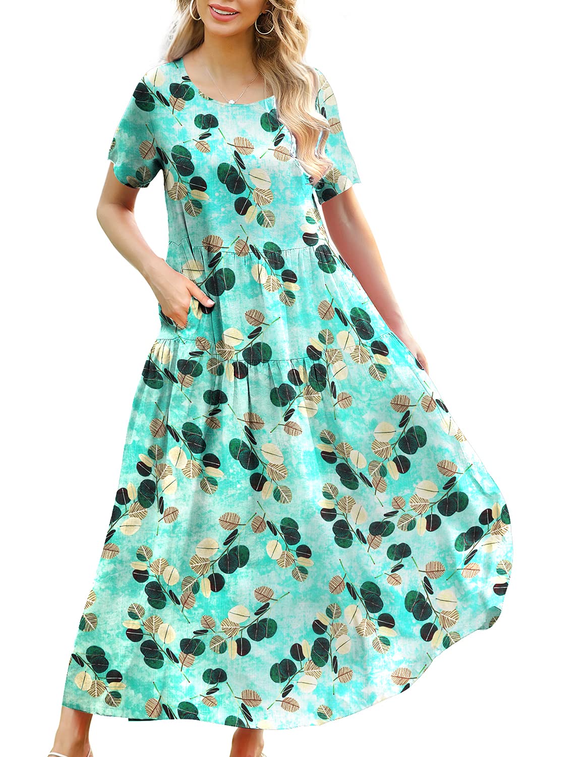 YESNOWomen Casual Loose Bohemian Floral Dress with Pockets Short Sleeve Long Maxi Summer Beach Swing Dress EJF