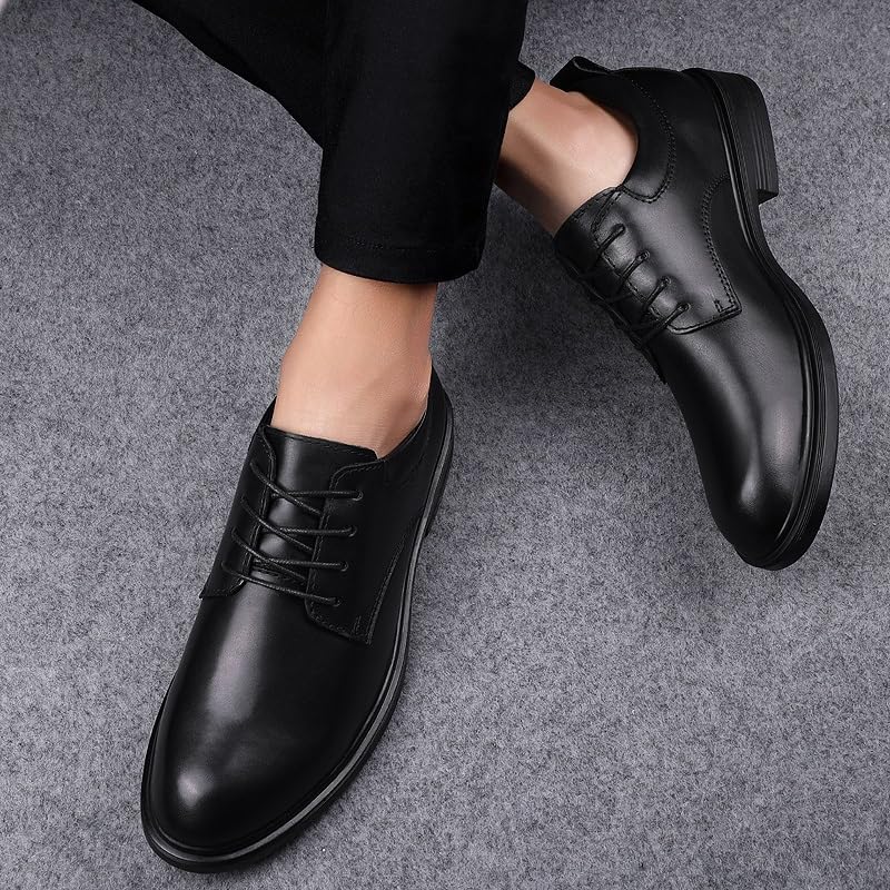 Scarpe eleganti da uomo Stringate Punta tonda Scarpe derby in pelle tinta unita Suola in gomma antiscivolo Tacco basso e alto antiscivolo Classico