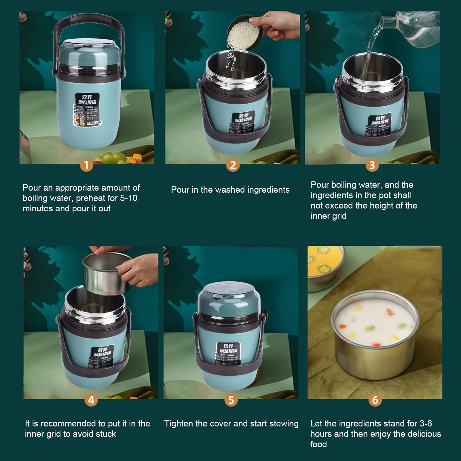 Contenedor de alimentos con aislamiento de acero inoxidable 304, lonchera, termo para comida caliente, lonchera térmica apilable multicapa a prueba de fugas de 2 litros (verde menta)