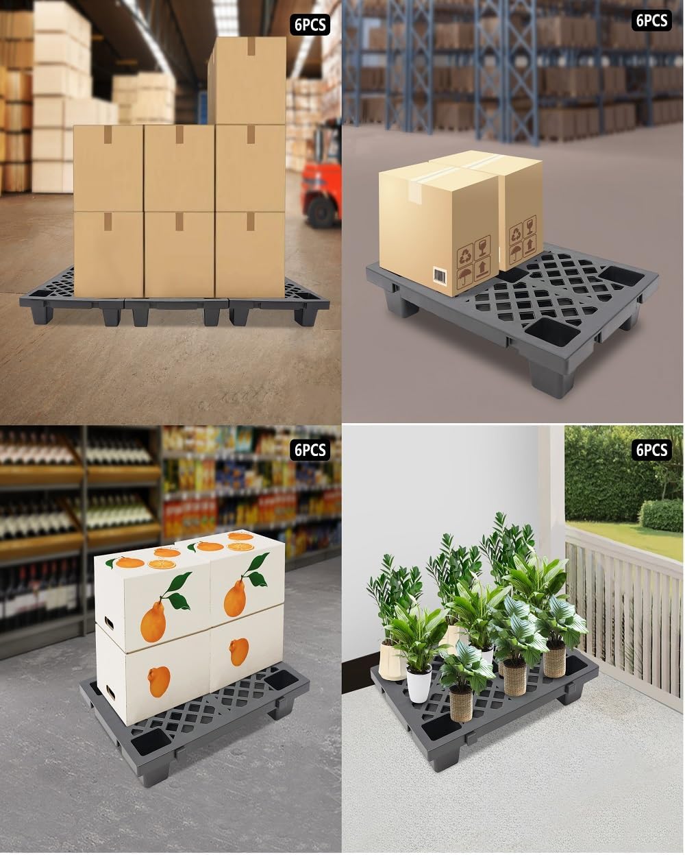 6 PCS Interlocking Storage Pallets, Nestable Plastic Pallets, Moisture Resistant Paint Tray for Warehouses, Factories, Logistics Centers, Anti-Slip Surface, Ventilation Mesh Plate (Black)