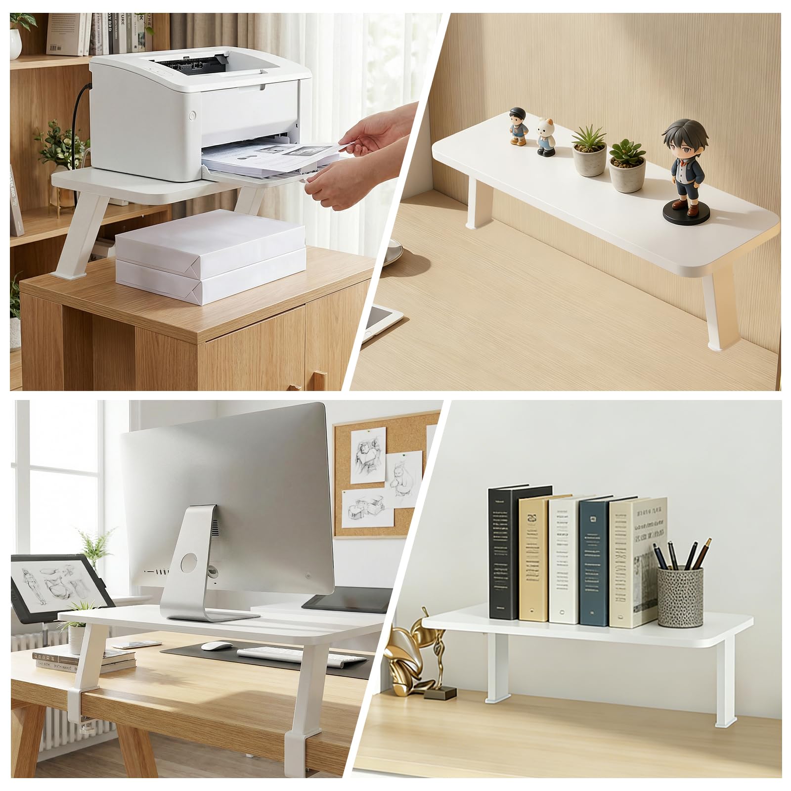 Supporto Rialzato Monitor Ergonomico Acciaio 60x20cm, Fissaggio a Morsetto per Scrivanie 15-35mm (Bianco)