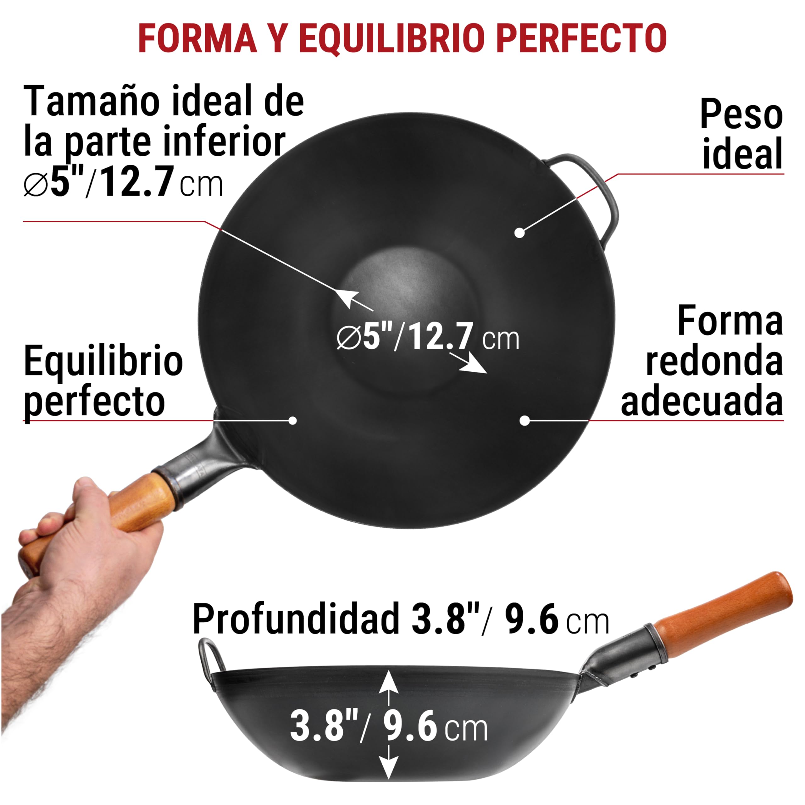 YOSUKATA Sartén Wok de Acero al Carbono 34 cm – Pre-sazonado de Fondo Plano – Wok de Inducción Tradicional – Sin Cobertura Química – Compatible con Cocinas de Gas Inducción Eléctricas y Fuego Abierto