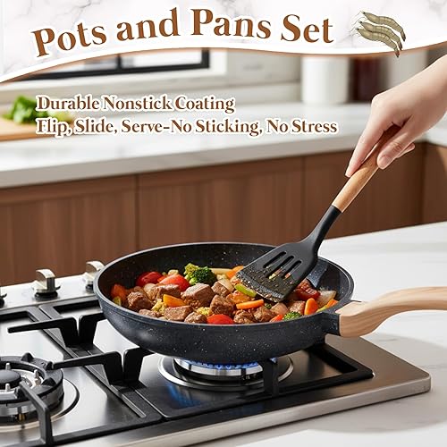 Miniatura 2 de Juego de 20 ollas y sartenes de silicona con soporte, sartenes y cacerolas de granito antiadherentes, utensilios de cocina para chef (negro)