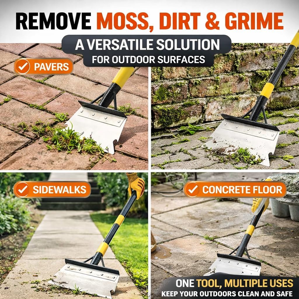 Weed Scraper Tool for Driveway Cracks, Long Handle Floor Scraper for Removing Weeds, Moss & Dirt, Heavy Duty Rustproof Metal Blade, Stand-Up Weeder for Sidewalk, Patio & Lawn Edging
