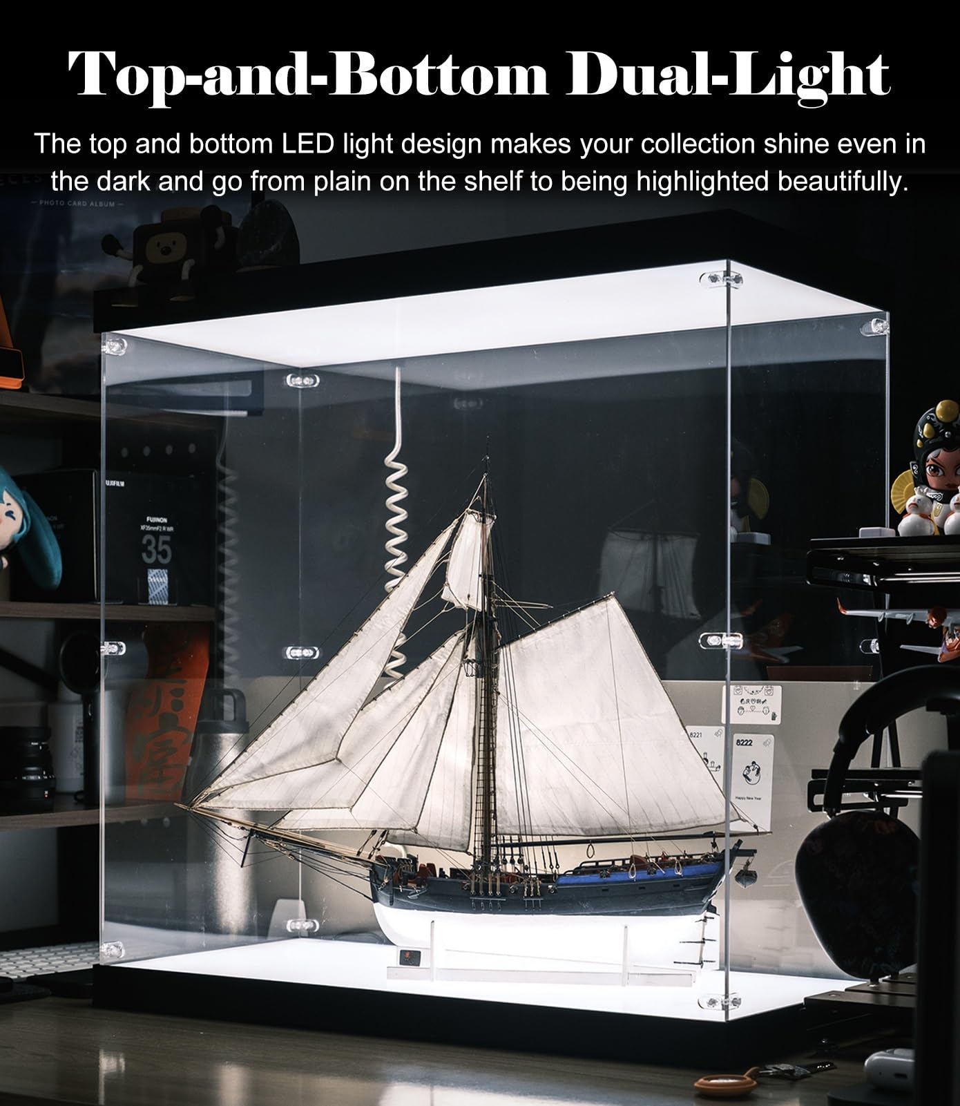 Vetrina Espositiva Vetrina in Acrilico con Doppio LED e Illuminazione Superiore e Inferiore, Teca Trasparente Antipolvere per Oggetti da Collezione(Natural,35x35x35cm)