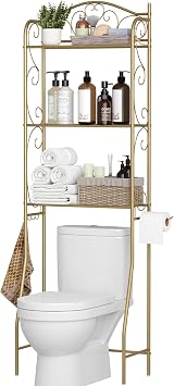 HOME BI Over The Toilet Storage Shelf, 3-Tier Over Toilet Bathroom Organizer Rack, Freestanding Space Saver Toilet Stands with Hooks Gold