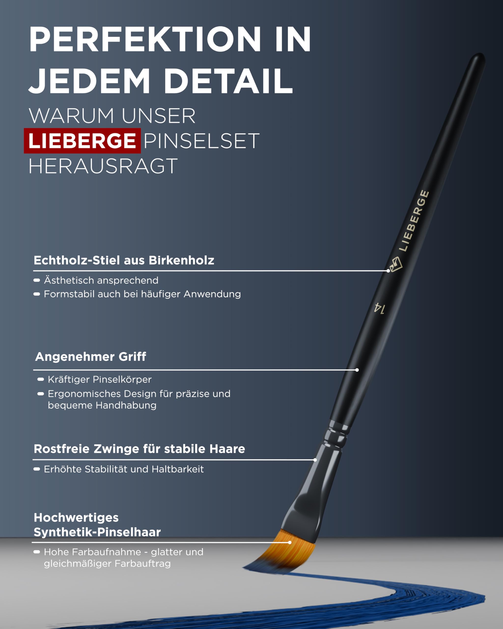 LIEBERGE Premium Pinselset Allround : Pinselset Acrylfarben, Aquarellpinsel (12 Pinsel) + Detailpinsel (10 Pinsel) + Pinselseife (40g | inkl. Reinigungsmatte)