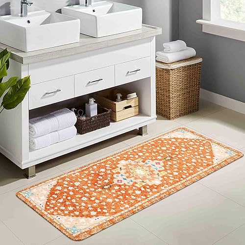 Miniatura 6 de Uphome Alfombra de pasillo de baño tribal bohemia, color naranja, bonita alfombra de baño floral, antideslizante, lavable a máquina, alfombra de