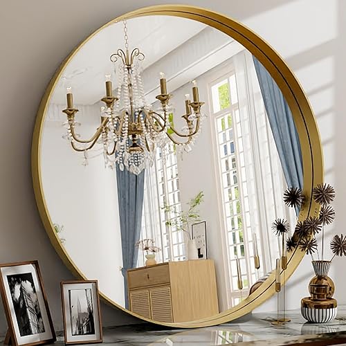 Espejo redondo de baño de 30 pulgadas, espejo circular montado en la pared con marco de metal, espejo moderno adecuado para baño, tocador, entrada,