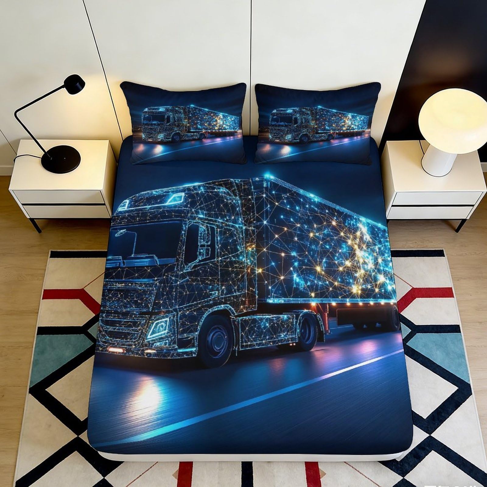 3D Printed Digital Truck Pattern Fitted Sheet Microfiber Soft Breathable Connected Lights Bed Cover for Bedroom Dormitory Guest Room Mattress Protection 180x200x25cm