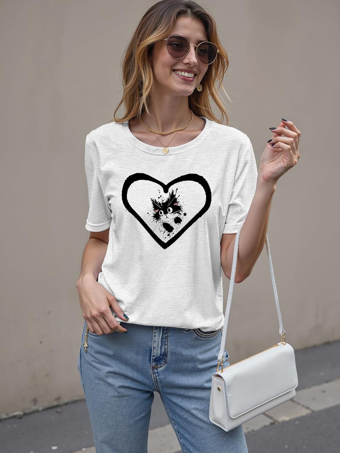 Women's Cute Cat & Heart Graphic T-Shirt-Soft Cotton Blend Fabric,Summer Casual Loose Fit Tee for Daily Wear& More - Image 3