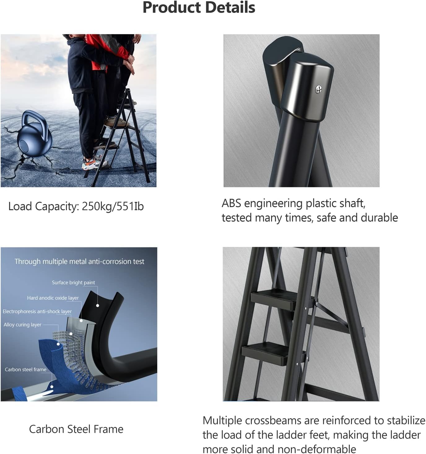 Folding Loft Ladder - 3/4 Steps, Carbon Steel, 150kg Capacity, 10.6in Anti-Slip Pedals, Portable Attic Access, Safe & Sturdy Step Ladder for Home Use