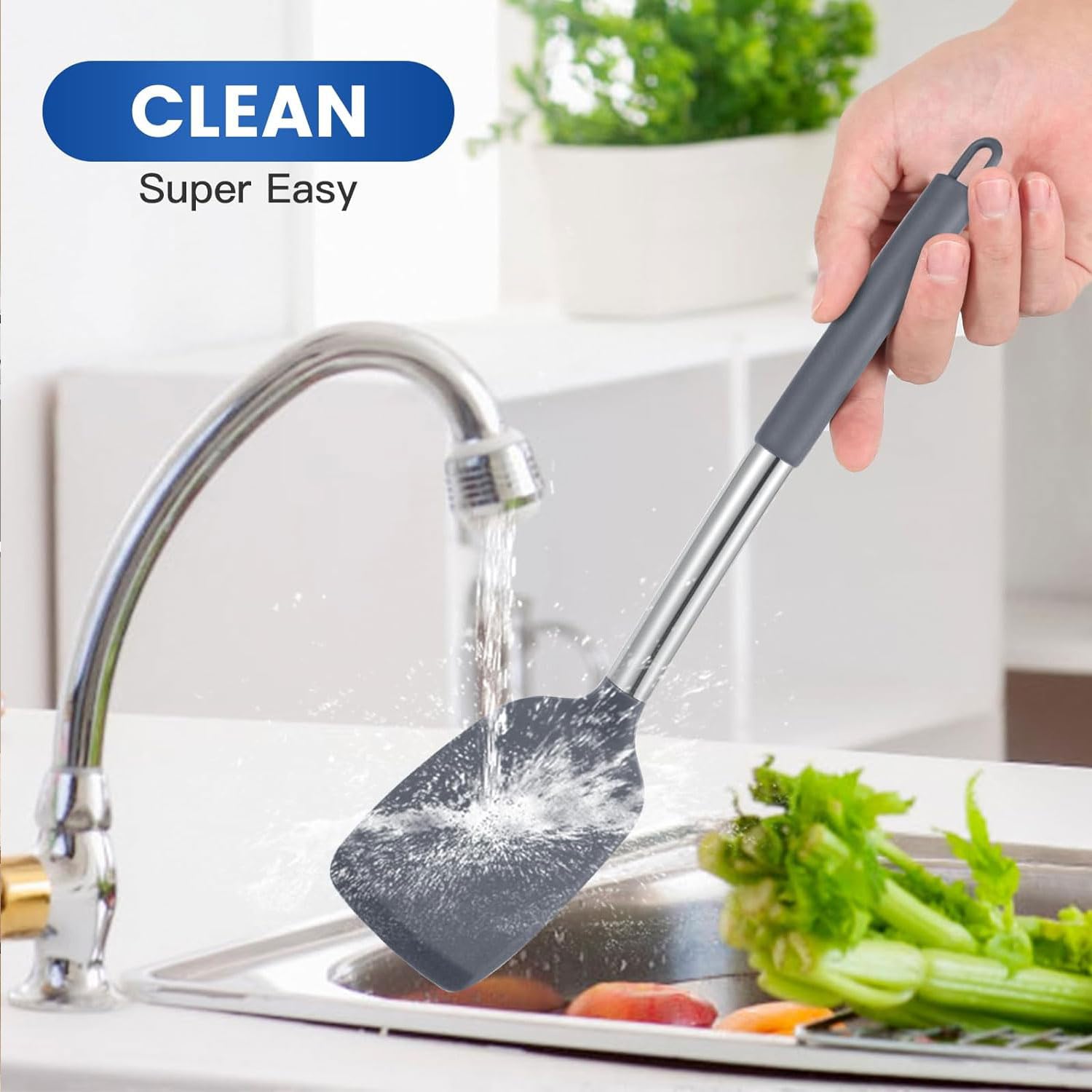 Carrot - Paquete de 2 espátulas de cocina ranuradas antiadherentes, resistentes al calor, sin BPA, utensilios de cocina ideales para pescado, huevos, panqueques (gris)