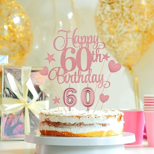 Miniatura 6 de El juego de decoraciones para tartas de 60 cumpleaños incluye velas de cumpleaños 60 con número 60 velas para pasteles y adornos de feliz cumpleaños