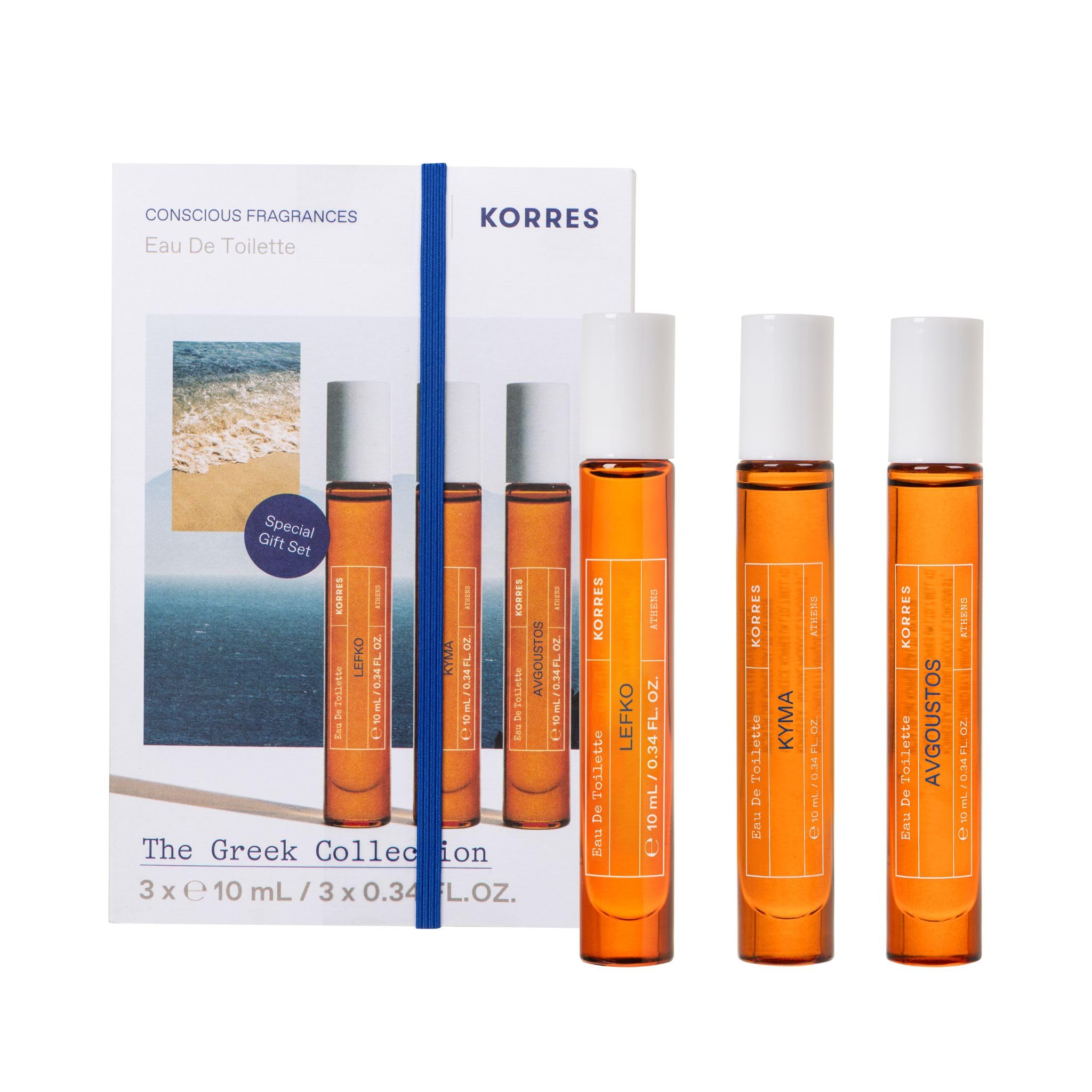 KORRES Greek Scents EDT Reiseset Unisex – 3x 10 ml Duftphiolen mit Roll-On, Avgoustos, Kyma & Lefko, ideal zum Kennenlernen, Verschenken und für unterwegs, vegan