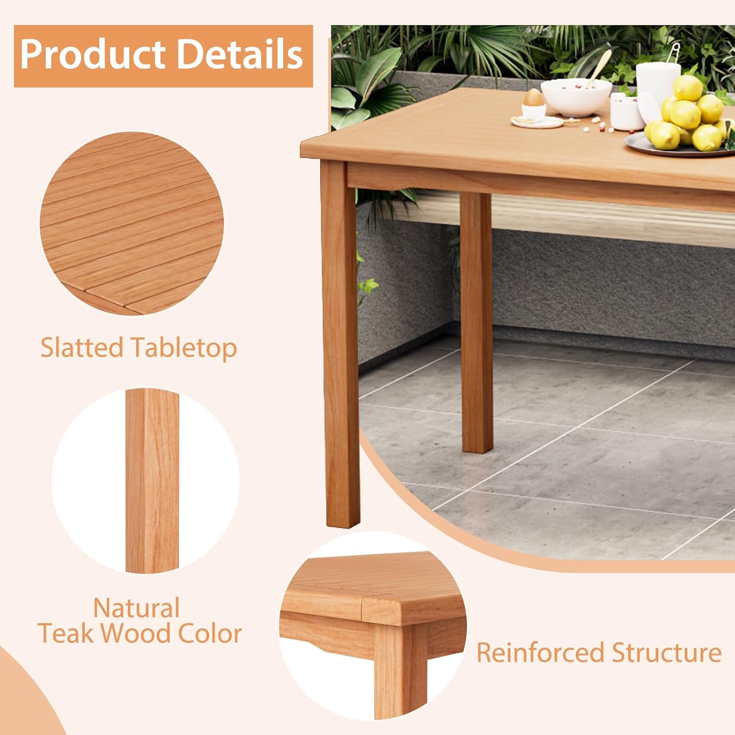 Giantex Patio Rectangle Dining Table, 49” x 27.5” Indonesian Teak Wood Outdoor Table with Spacious Slatted Tabletop for 6 Person, Indoor Outdoor Dining Table for Backyard, Poolside, Front Porch