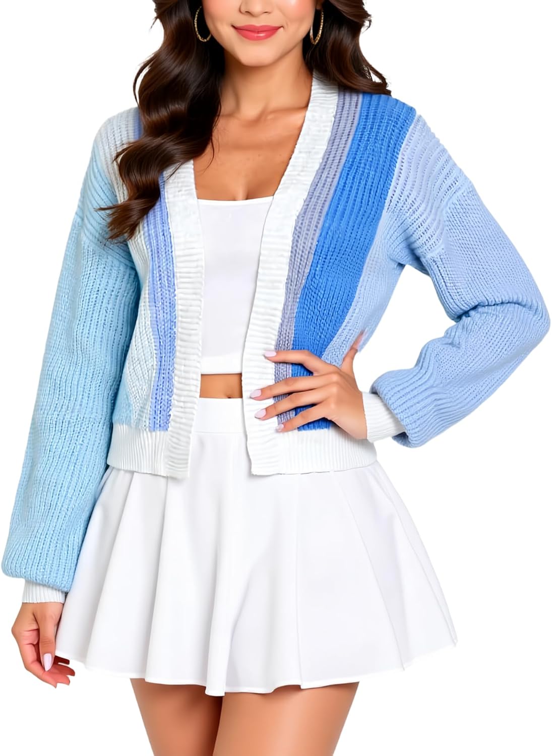 Women's Color Block Open Front Rainbow Light Cardigan Long Sleeve Chunky Knit Sweater Loose Cropped Tops