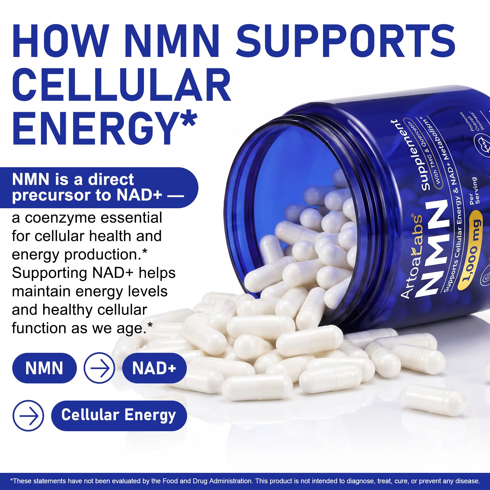 NMN Supplement 1000mg, 4-in-1 NAD Supplement with Quercetin | TMG | Resveratrol | NMN, NAD+ Support & Optimizer for Cellular Energy, 120 Capsules — Amazon image 3