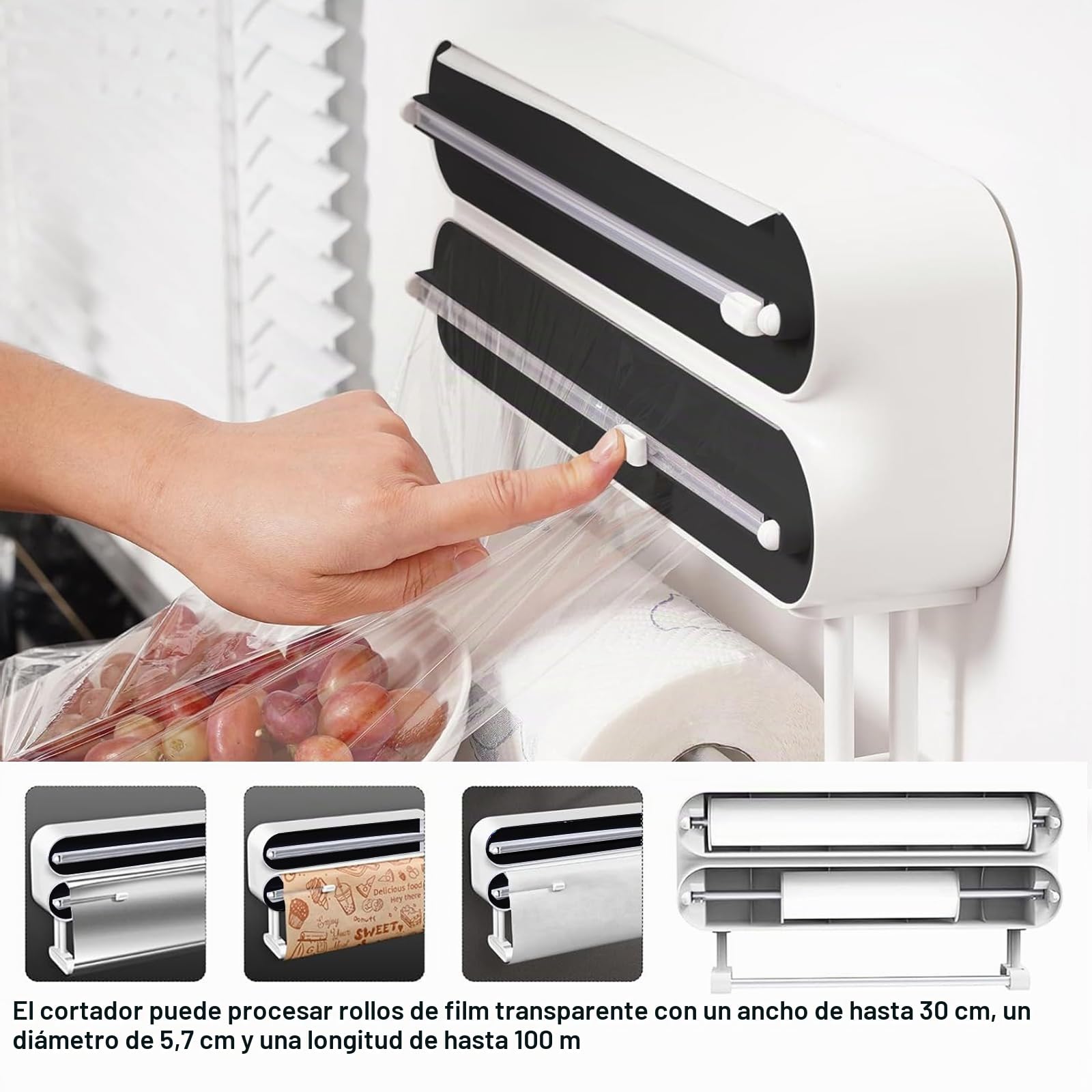 Dispensador de Papel y Película de Aluminio, 3 en 1, Soporte Magnético para Rollos de Cocina, Dispensador de Papel de Aluminio,Dispensador Papel Aluminio y Film con Portarrollos Cocina,Negro