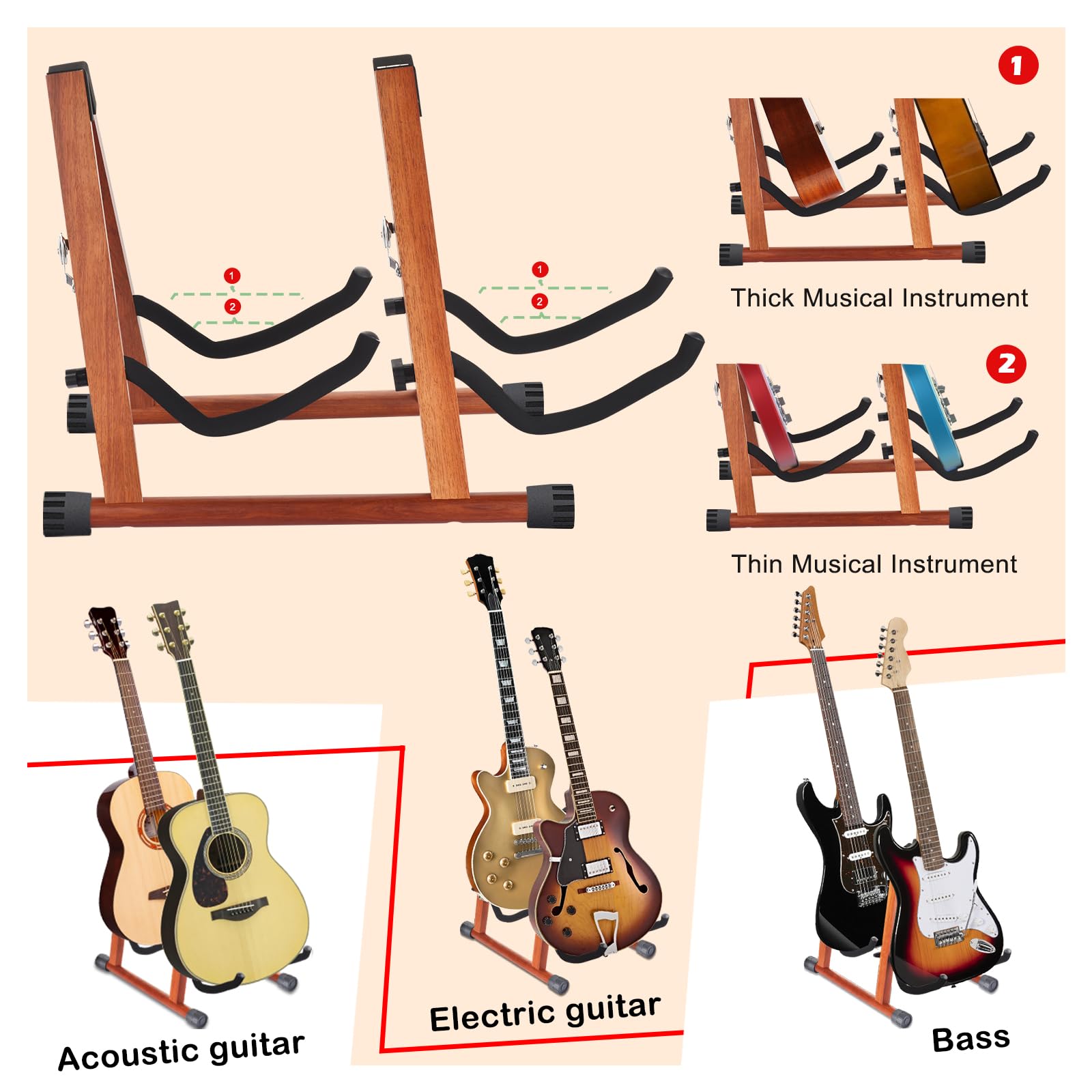 DOMMI Soporte Múltiple para Guitarras - Soporte de Piso Doble en Forma de A con Brazos de Espuma Blanda, Ajustable para Guitarras Acústicas, de Bajo y Eléctricas, Fácil de Montar