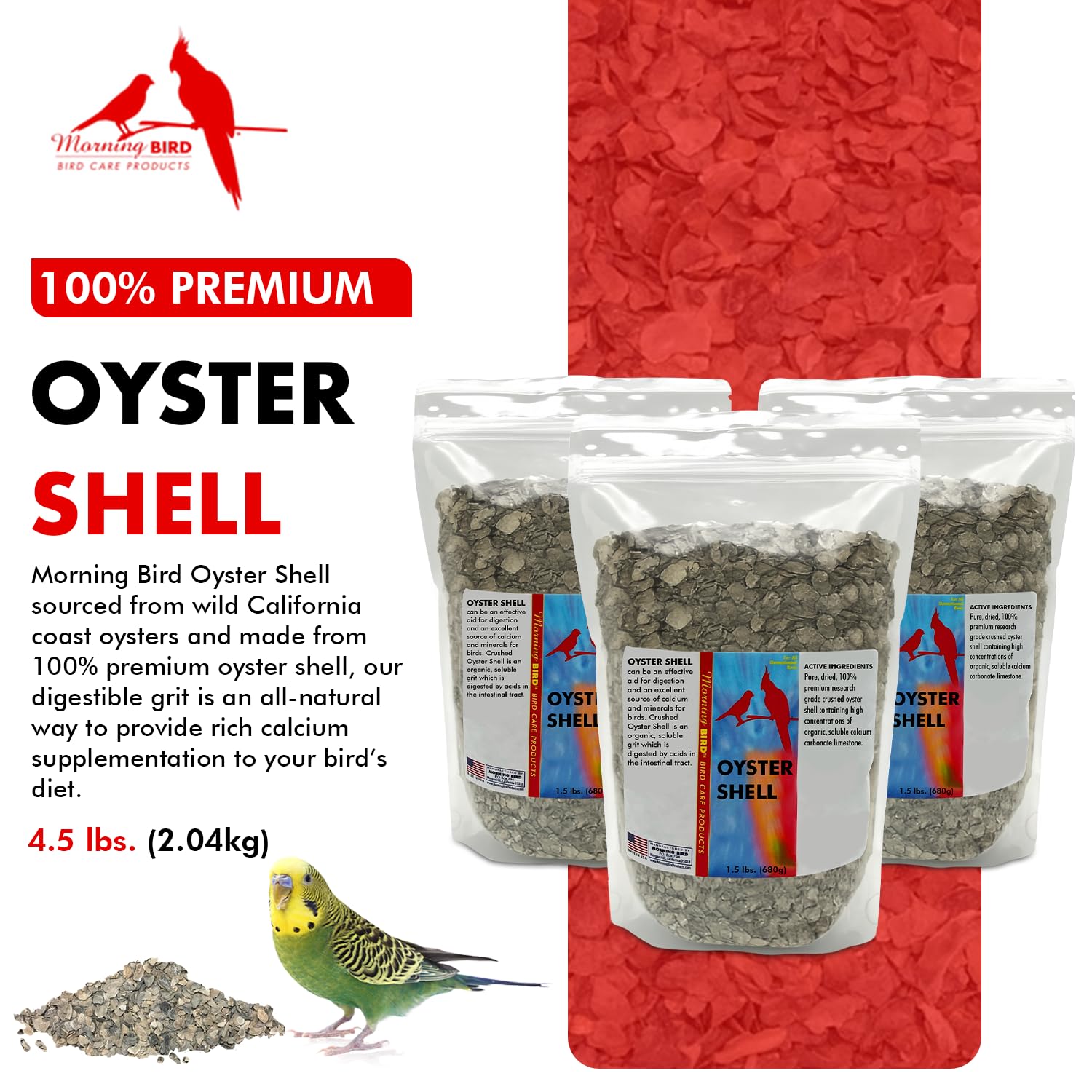 Morning Bird Oyster Shell for Birds 4.5 lbs (3-Pack, 1.5 lbs Each) - Natural Calcium Supplement – Sustainably Harvested from California Coast - Safe Year-Round Bird Food Additive - Detailed View