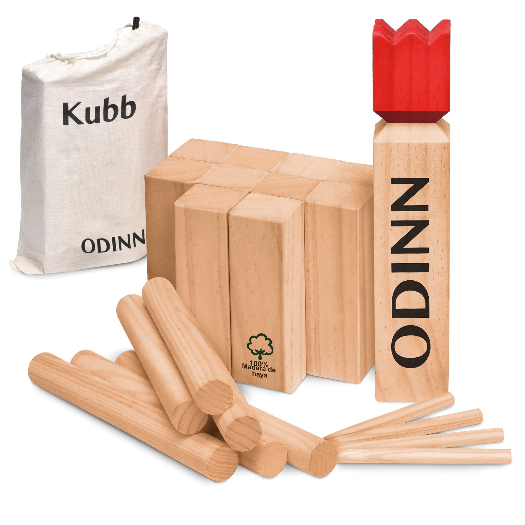 Toyfel XXL Juego de ajedrez Sueco de Madera Kubb FSC® Interior Haya | de lanzamiento de bolsa tela habilidad para todas las edades Spiel Exterior vikingo maciza gigante jardín Odinn
