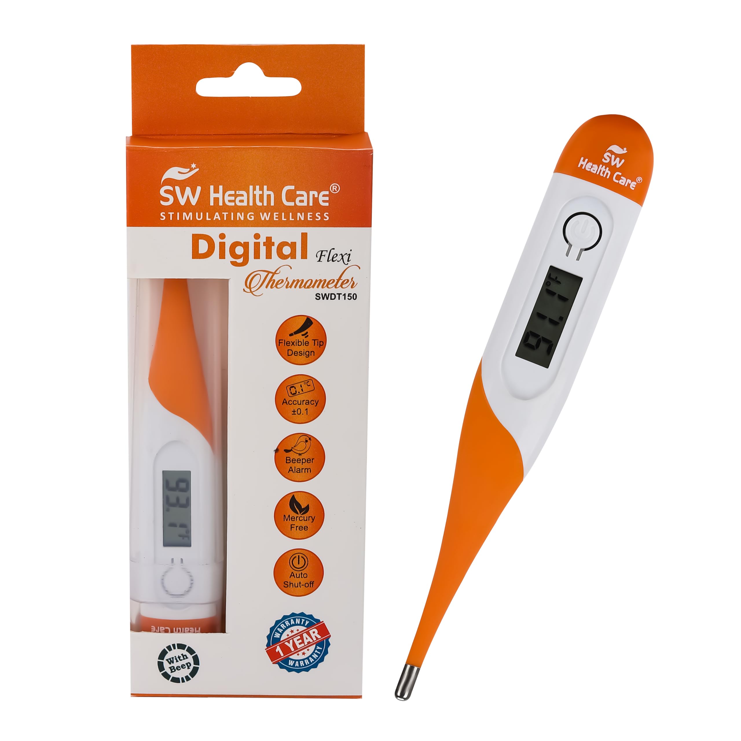 Digital Thermometer with Flexible Tip | Fever Alarm & Beep Function | Waterproof & 10 Seconds Fast Reading for Kids & Adults (Multicolor), stainless steel (Pack of 1)