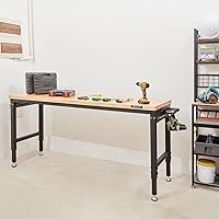 Vista 8 de VEVOR Banco de trabajo para garaje ajustable de 72 pulgadas, mesa de trabajo de madera dura resistente con ruedas universales, capacidad de carga