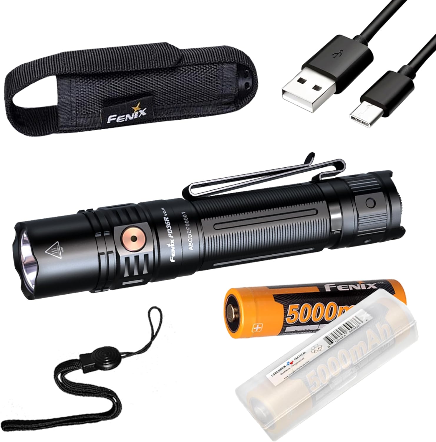 Fenix PD36R V2.0 1700 Lumen Type-C USB Rechargeable EDC Tactical Flashlight with Two Power Sources and LumenTac Organizer