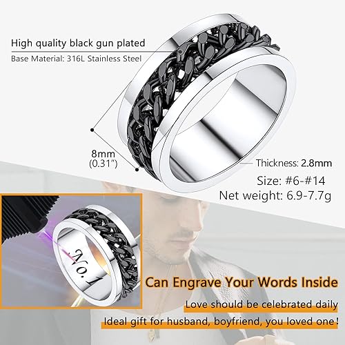 Miniatura 4 de PROSTEEL Anillo giratorio para hombre, anillos para la ansiedad, anillo de acero inoxidable de 0.11 pulgadas de grosor, cadena de eslabones cubanos
