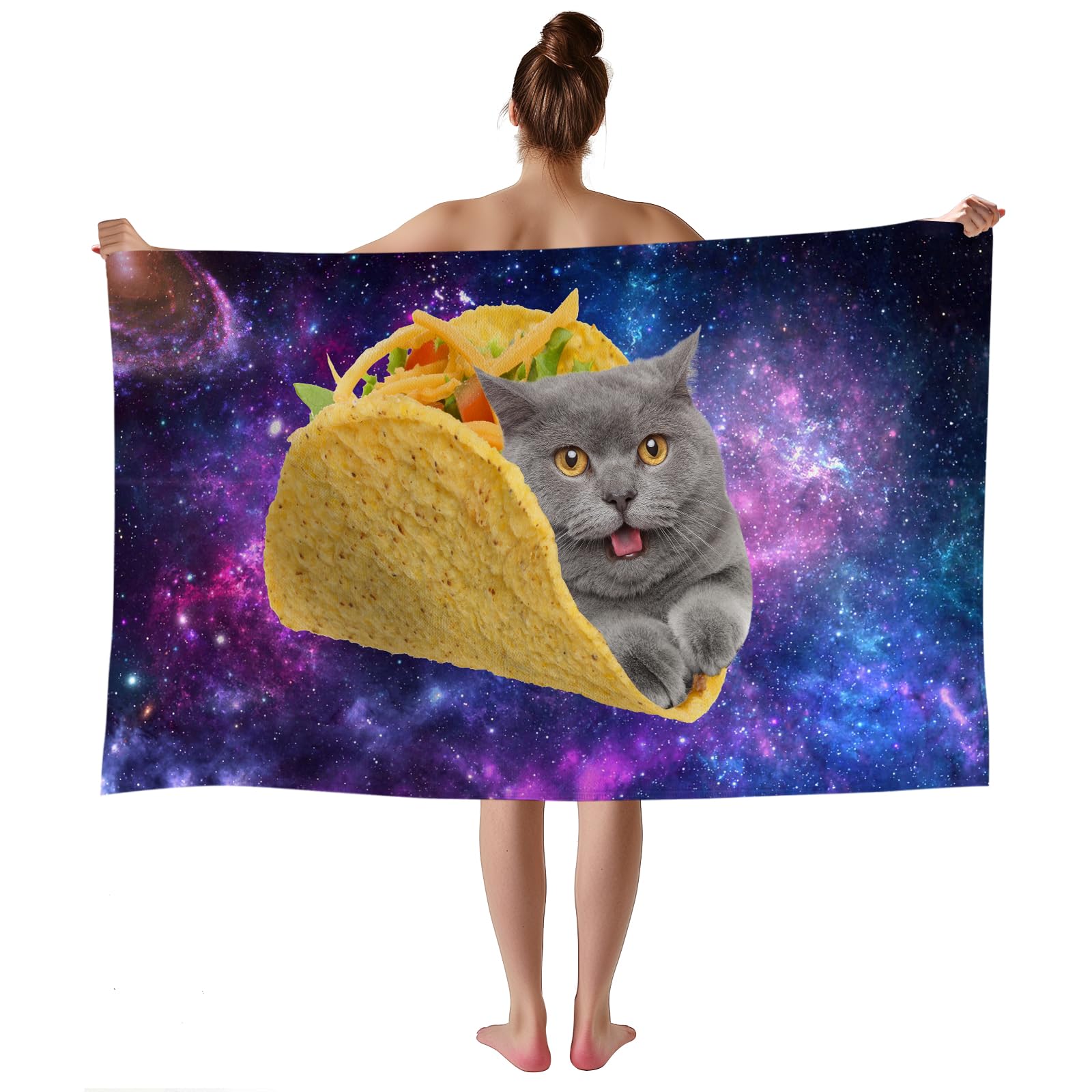 WZOMT Microfiber Cat Beach Towel, Cute Space Taco Cat Kitty Purple Galaxy Bath Towels, Cats Towels for Cats Lovers, Funny Quick Dry Sandproof Pool/