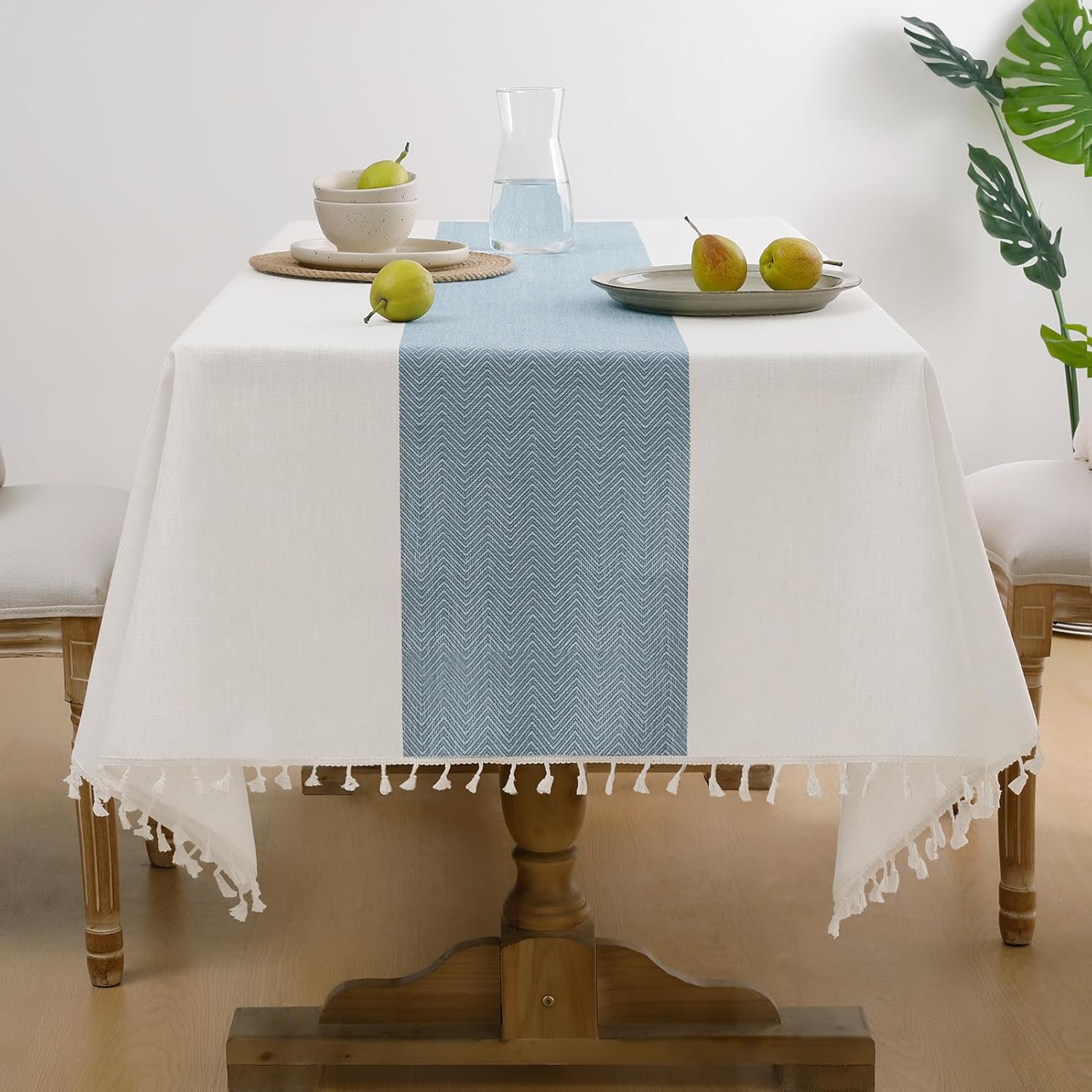 Softalker Outdoor Tablecloth Rectangle, Waterproof Linen Cotton Farmhouse Table Cloths with Tassel, Heavy Weight Wrinkle Free Boho Table Cover for Picnic Camping Dining - 55 x 102 Inch, Blue Stripe