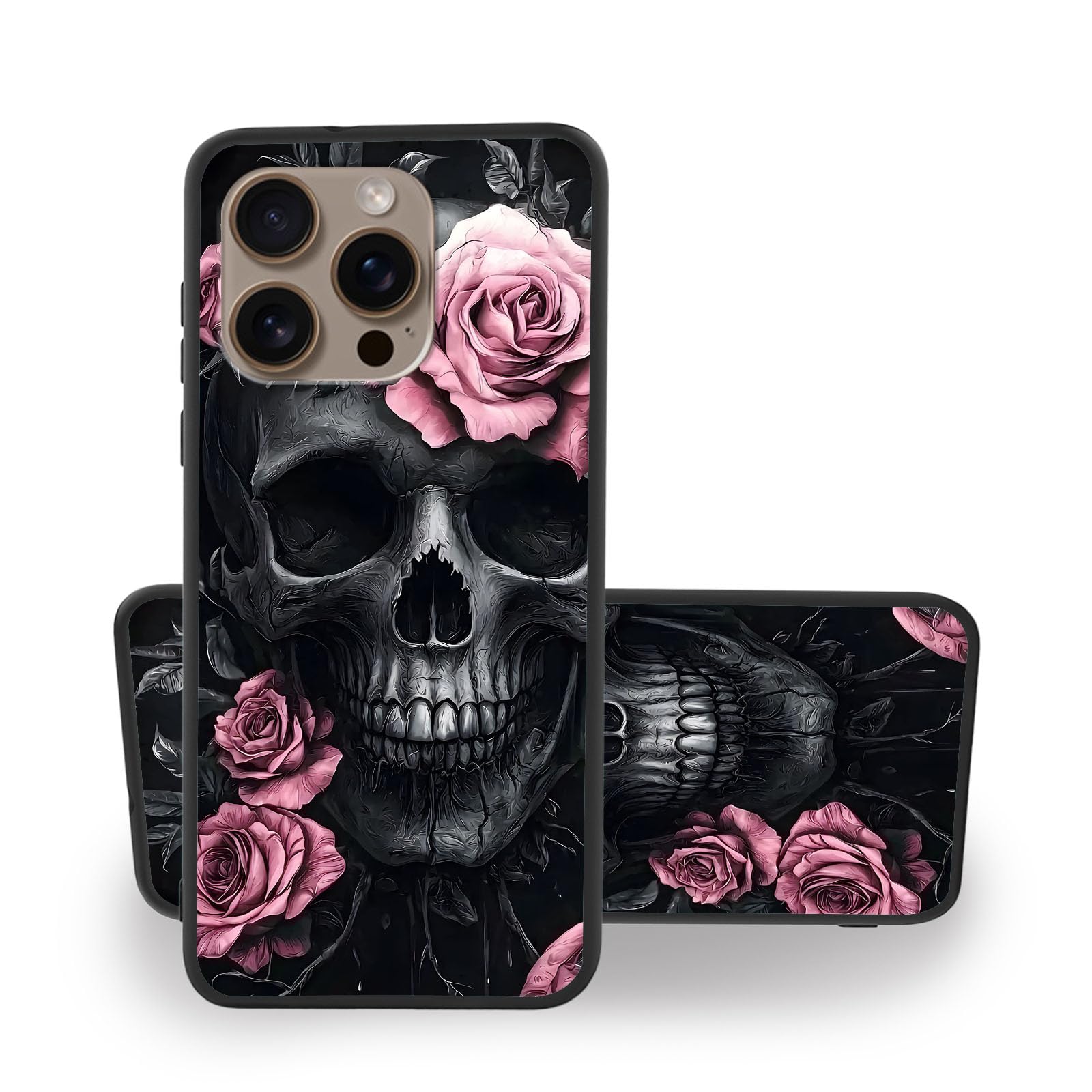FXIANGWL TPU Case for iPhone 16 Pro Max Case 6.9 Inch, Pink Rose Skull TPU Phone Case Shockproof Grade Drop Protection, Wireless Charging Compatible
