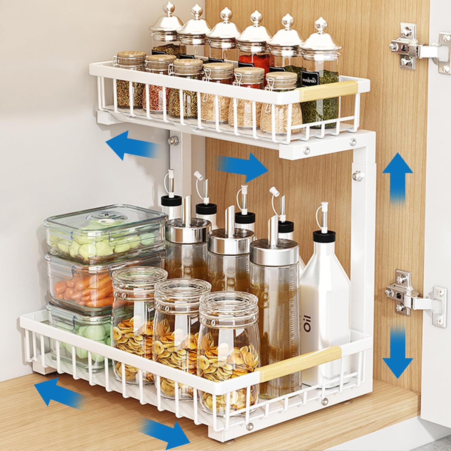 Under Sink Organizer 2 Tier Bathroom Under Sink Organizers and Storage 1 Pack Kitchen Pull out Cabinet Organizer Metal Sliding Drawer for Kitchen Pantry Cabinet Closet Organization Rack White