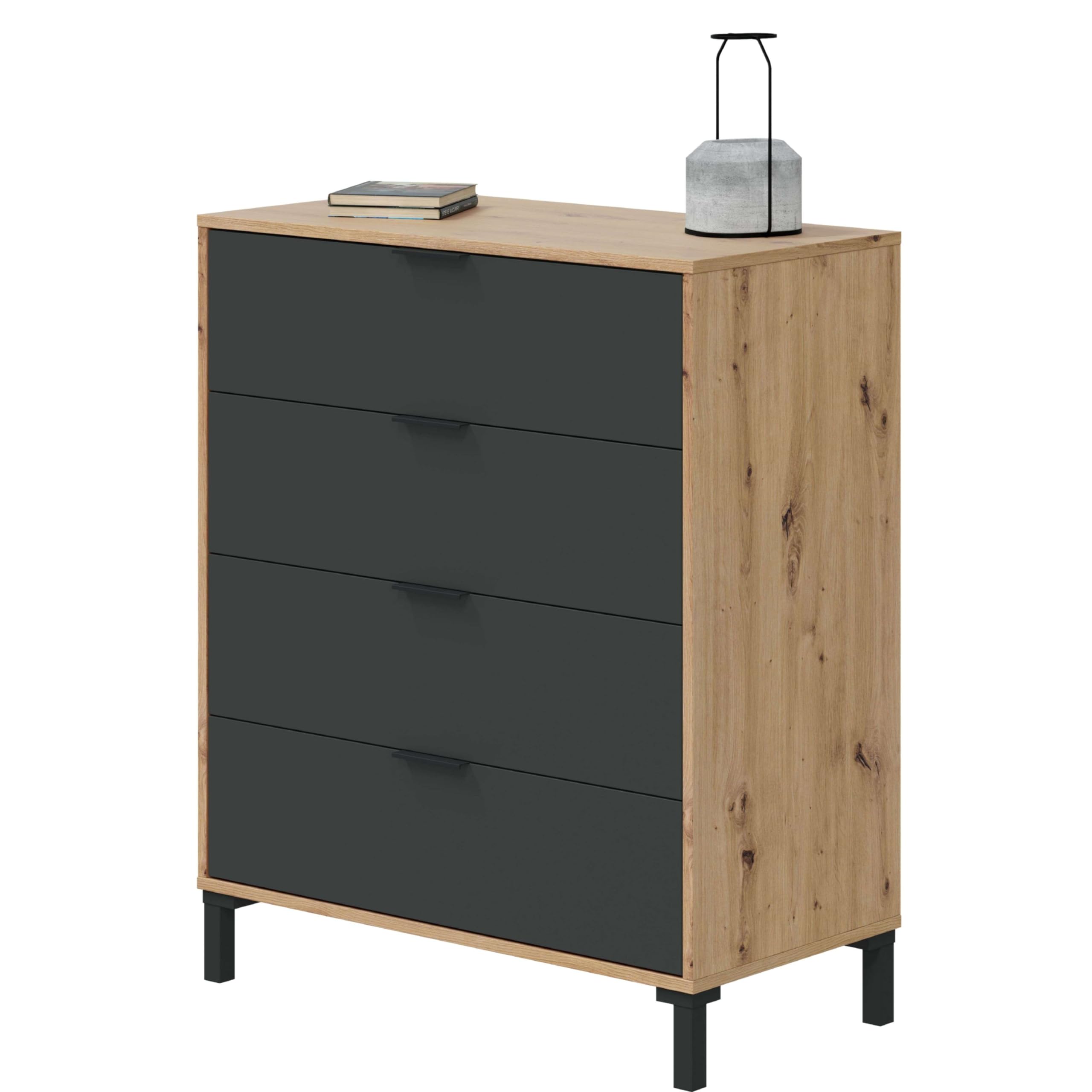 Habitdesign Eiche Nodi Und Anthrazitgrau Kommode Mit 4 Schubladen – Moderner Schubladenschrank In Eiche Nodi & Anthrazit Für Schlafzimmer Oder Büro, Platzsparende Hochkommode, Maße: 77,5 X 94 X 40 Cm (B X H X T), Modell Enzo