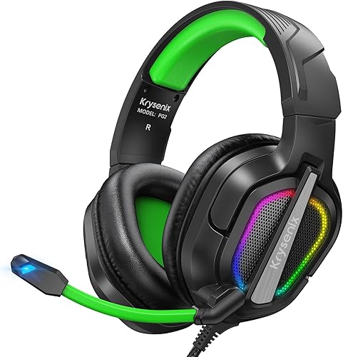 Krysenix Gaming Headset for PS4, PS5, PC, Mac, Xbox Series X, Noise Canceling Headphones with Microphone, PG2 Computer Headset with 3.5mm Jack & RGB Light Black/Green