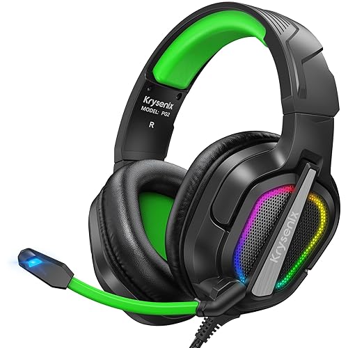 Krysenix Gaming Headset for PS4, PS5, PC, Mac, Xbox Series X, Noise Canceling Headphones with Microphone, PG2 Computer Headset with 3.5mm Jack & RGB Light Black/Green - Black/Green