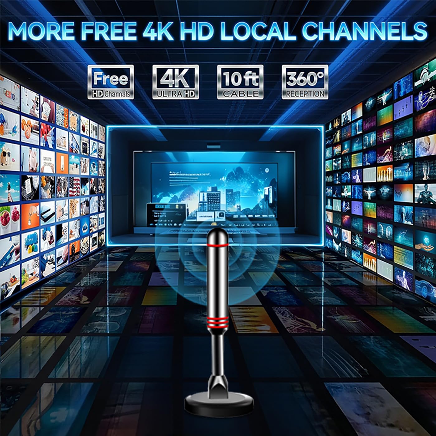 Antenna TV per Smart TV da interni, antenna digitale HDTV con base magnetica, amplificatore di segnale a lungo raggio a 360° 4K 1080p, antenna TV da interni per canali locali ricezione a lungo raggio