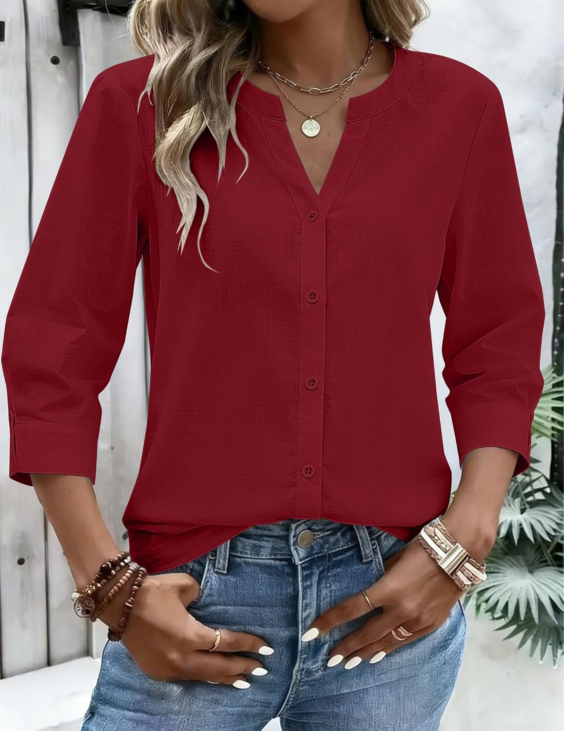 Zeagoo Button Down Shirts for Women 3/4 Sleeve Linen Cotton V Neck Tops Dressy Casual Loose Work Blouses - Image 2